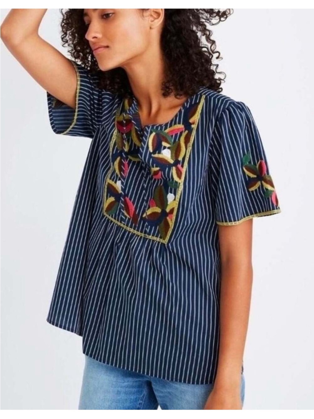 Madewell Fable Boho Embroidered Floral Striped Top Navy Blue Women’s Small